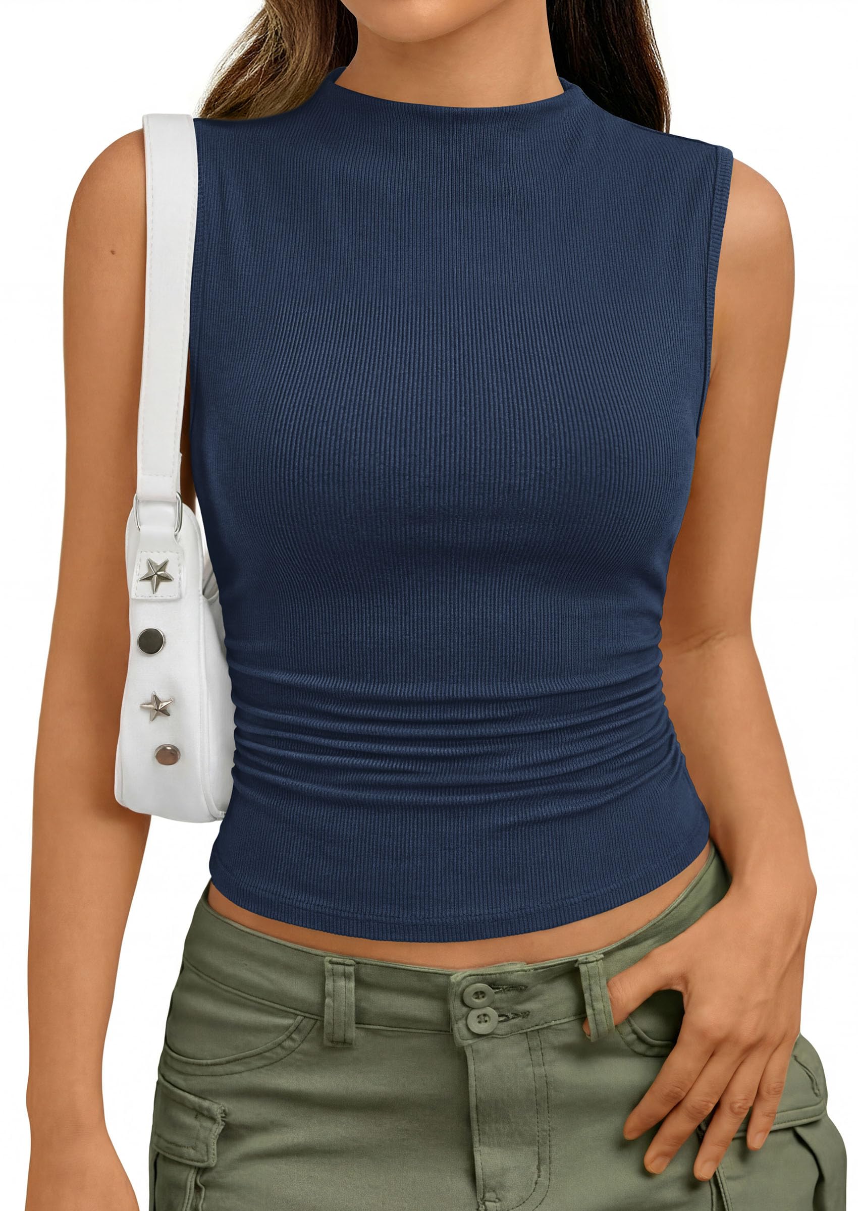 PRETTYGARDEN Tank Top for Women Summer Fashion Clothing Mock Neck Ribbed Knit Slim Fitted Shirts Going Out Tops PRETTYGARDEN