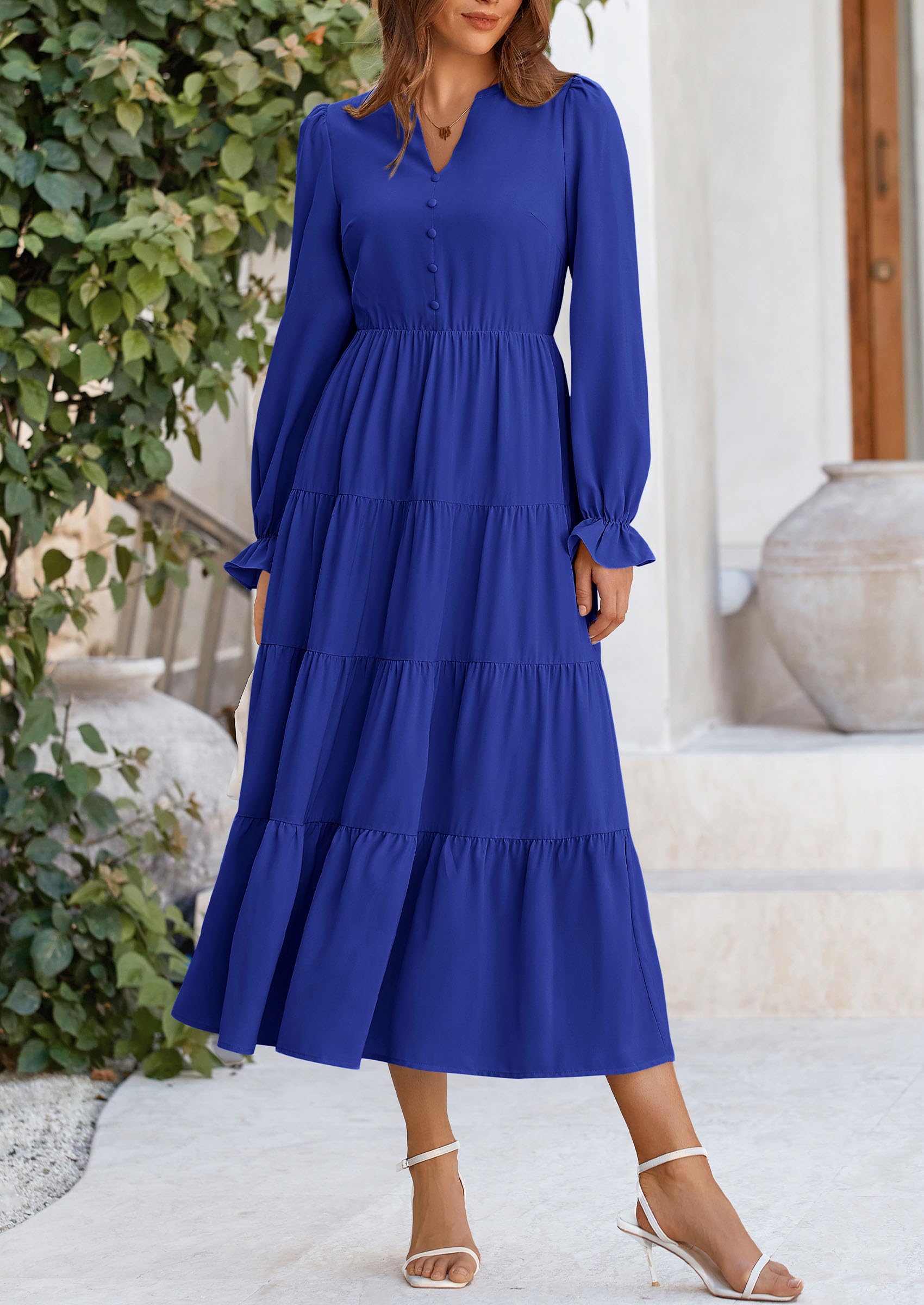 PRETTYGARDEN Women Fall Long Sleeve Smocked Maxi Dress Casual Square Neck Swiss Dot Tiered Ruffle Flowy Spring Pocket Dresses