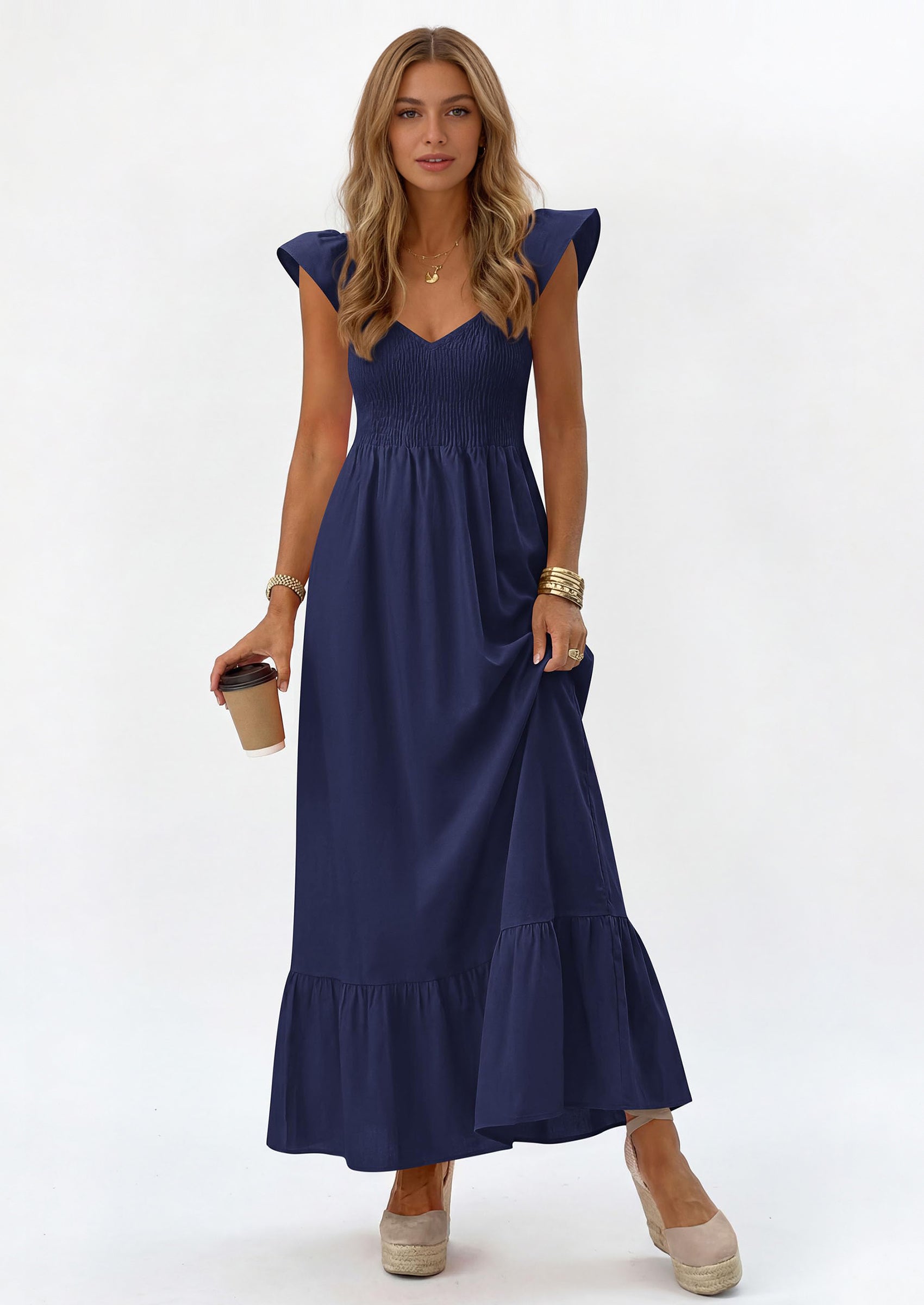 PRETTYGARDEN Women's Summer Casual Maxi Dresses Cap Sleeve V Neck Smocked Long Pockets Party Sundress Vacation Outfits PRETTYGARDEN