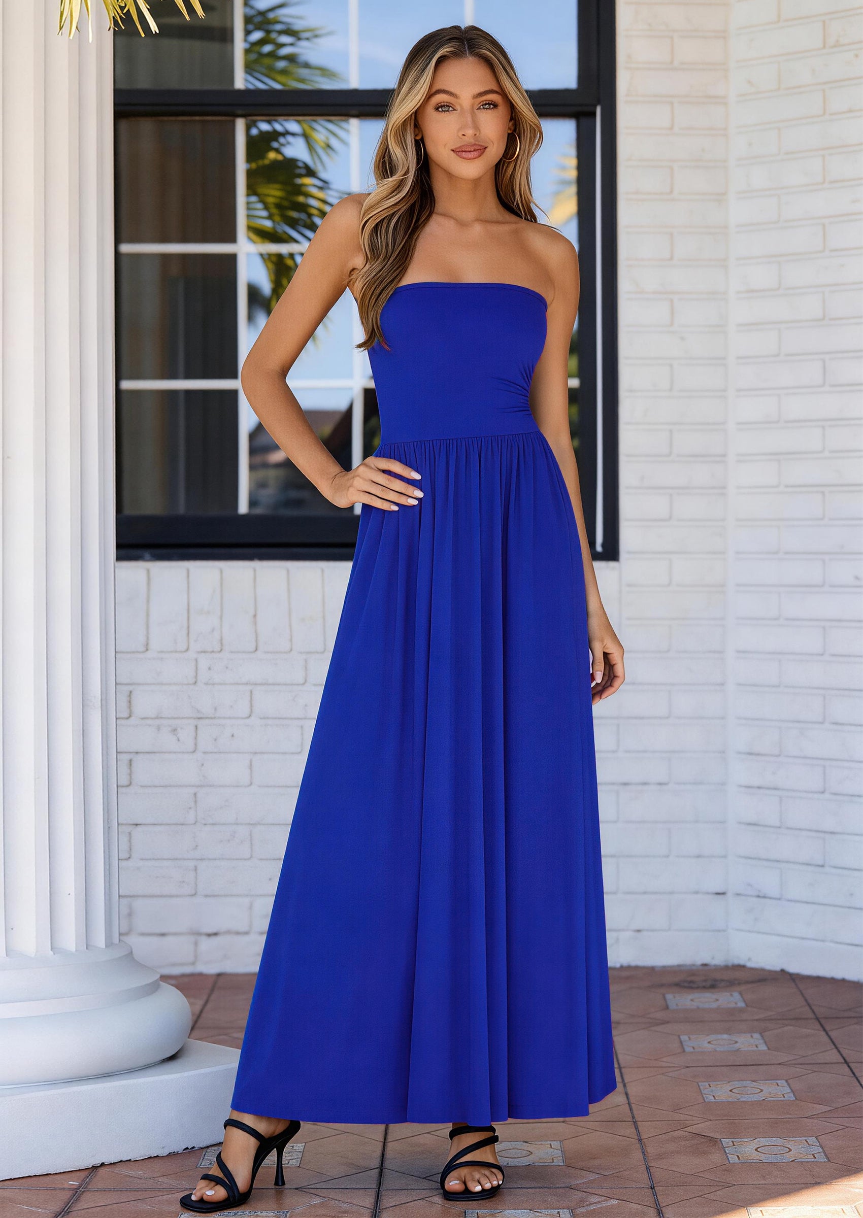 PRETTYGARDEN Women Summer Elegant Strapless Maxi Dress Tube Top Dress A Line Flowy Long Wedding Party Cocktail Dresses