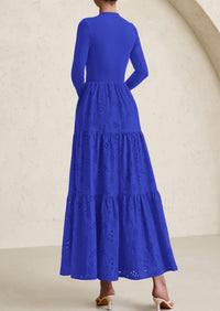 PRETTYGARDEN Long Sleeve Dress for Women Fall Eyelet Mock Neck A Line Elegant Classy Maxi Wedding Guest Dresses Pockets