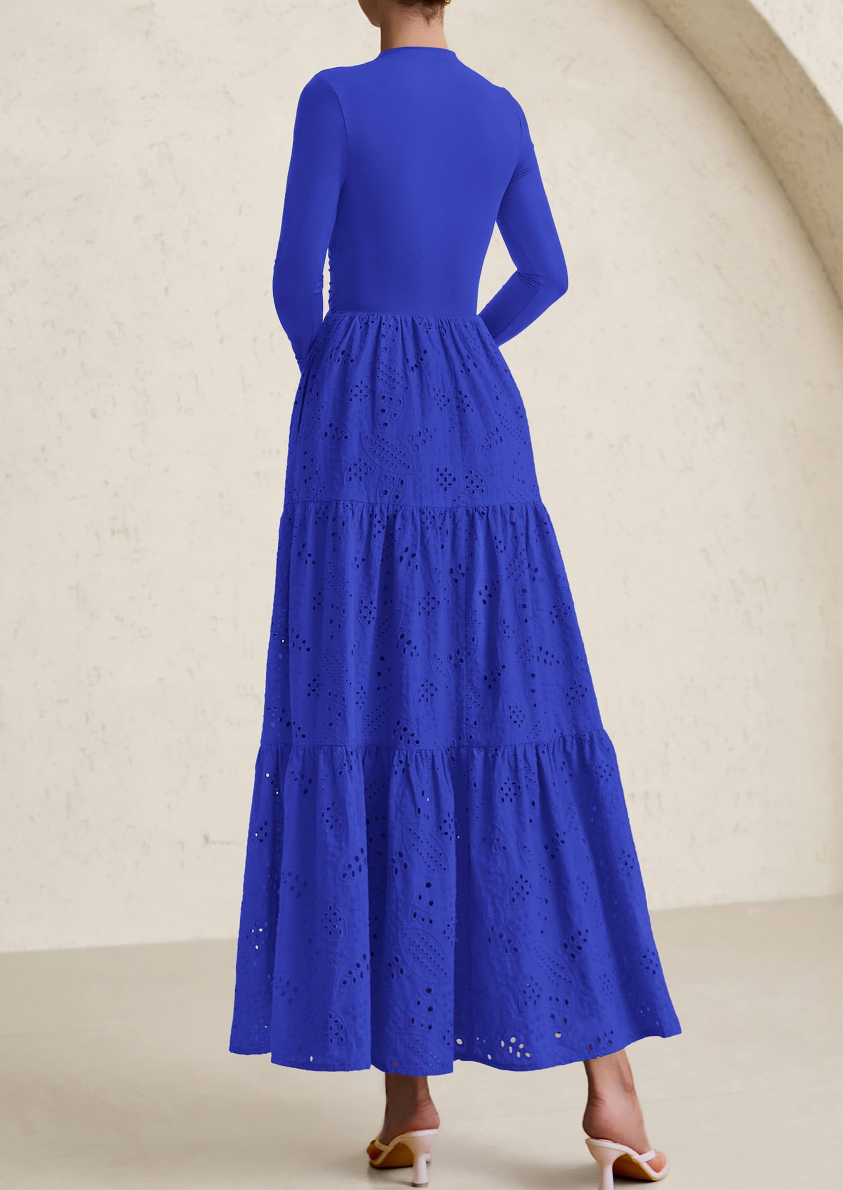 PRETTYGARDEN Long Sleeve Dress for Women Fall Eyelet Mock Neck A Line Elegant Classy Maxi Wedding Guest Dresses Pockets