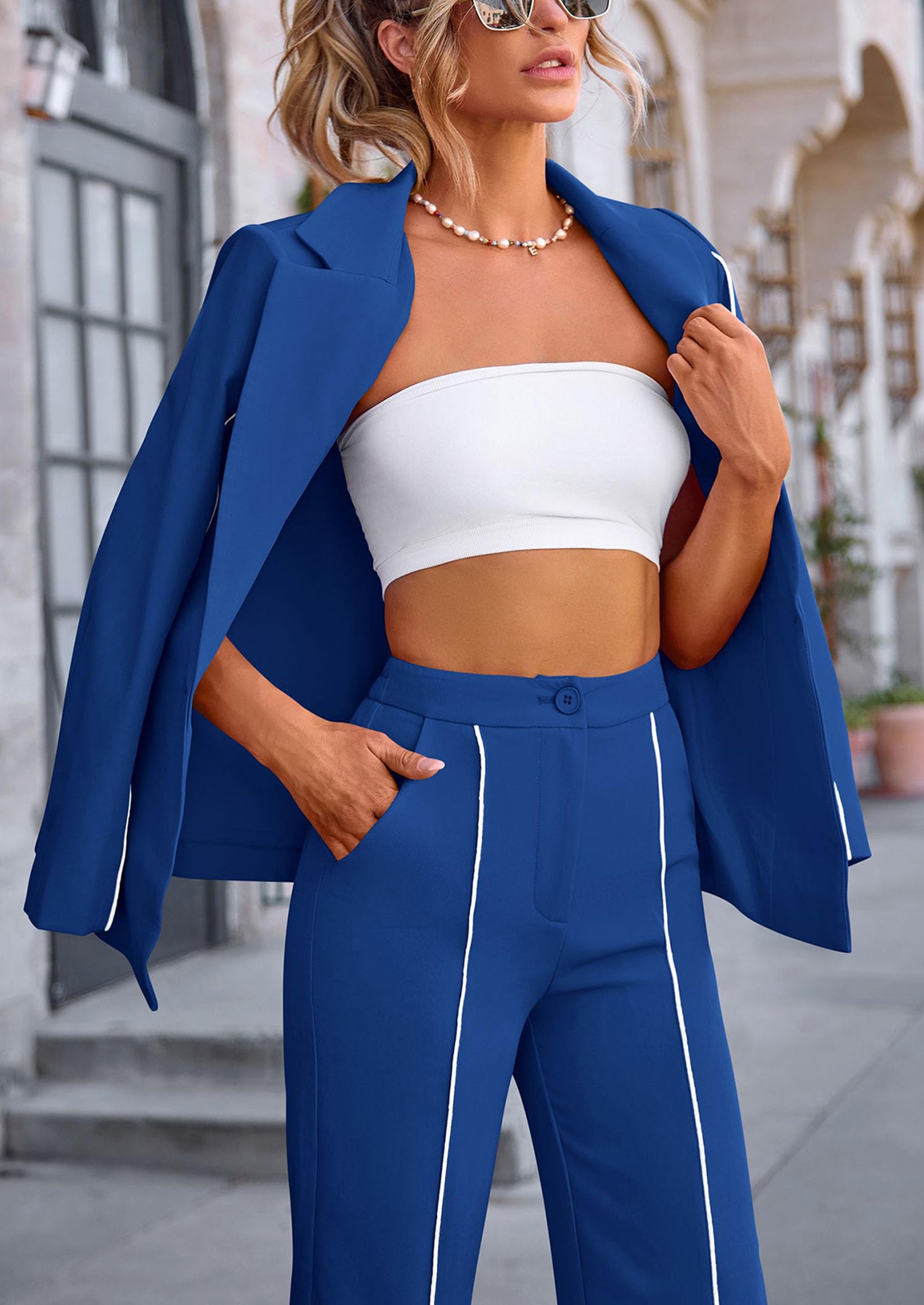 PRETTYGARDEN 2 Piece Blazer Outfits Business Casual Oversized Jacket Wide Leg Work Pants Dressy Suit Set