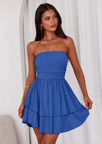 PRETTYGARDEN Women's Summer Strapless Tube Mini Dress Off Shoulder Smocked Ruffle A Line Flowy Short Party Club Dresses