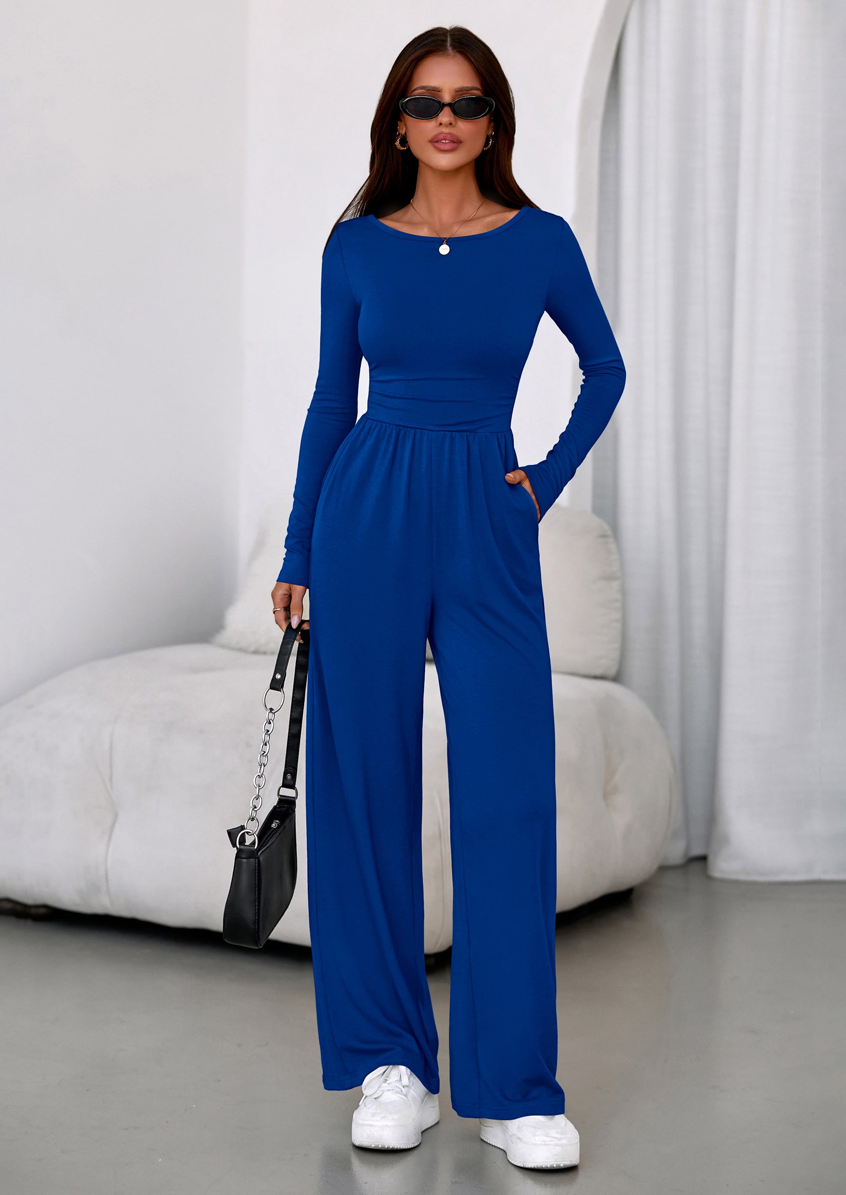 PRETTYGARDEN One Piece Jumpsuits for Women Dressy Casual Long Sleeve Crewneck Wide Leg Romper Overalls Spring Outfits