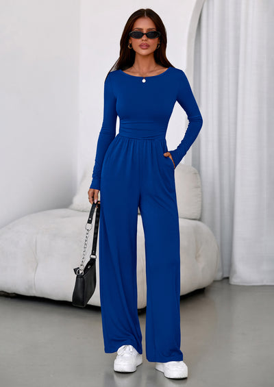 PRETTYGARDEN One Piece Jumpsuits for Women Dressy Casual Long Sleeve Crewneck Wide Leg Romper Overalls Spring Outfits