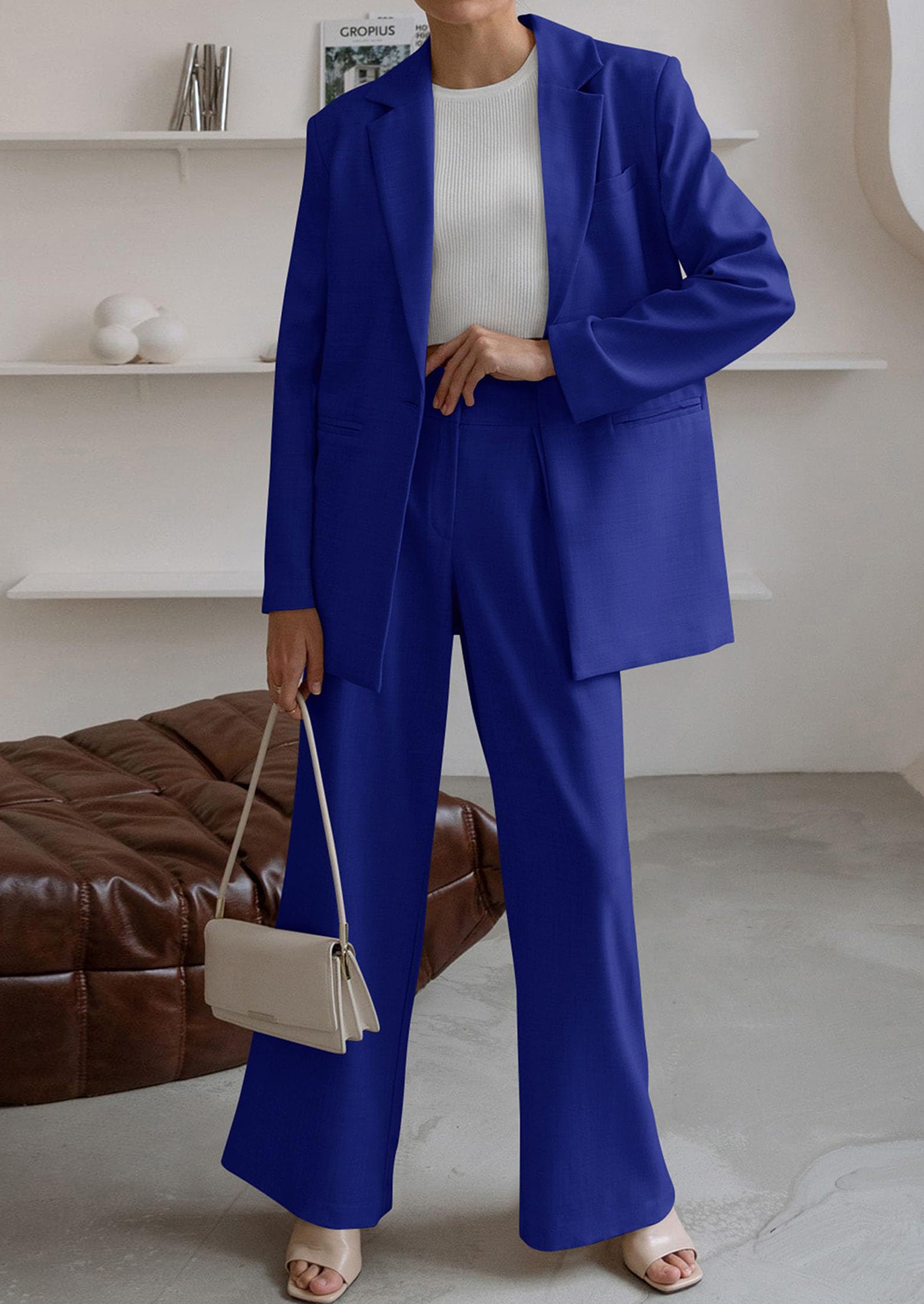 PRETTYGARDEN Women's Fall Two Piece Outfits Dressy Blazer Jacket and Wide Leg Pants Pockets Business Casual Office Suit Sets