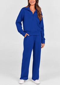 PRETTYGARDEN Women's 2 Piece Outfits Casual Lapel Half Zip Sweatshirts And Wide Leg Pants Tracksuit Sets