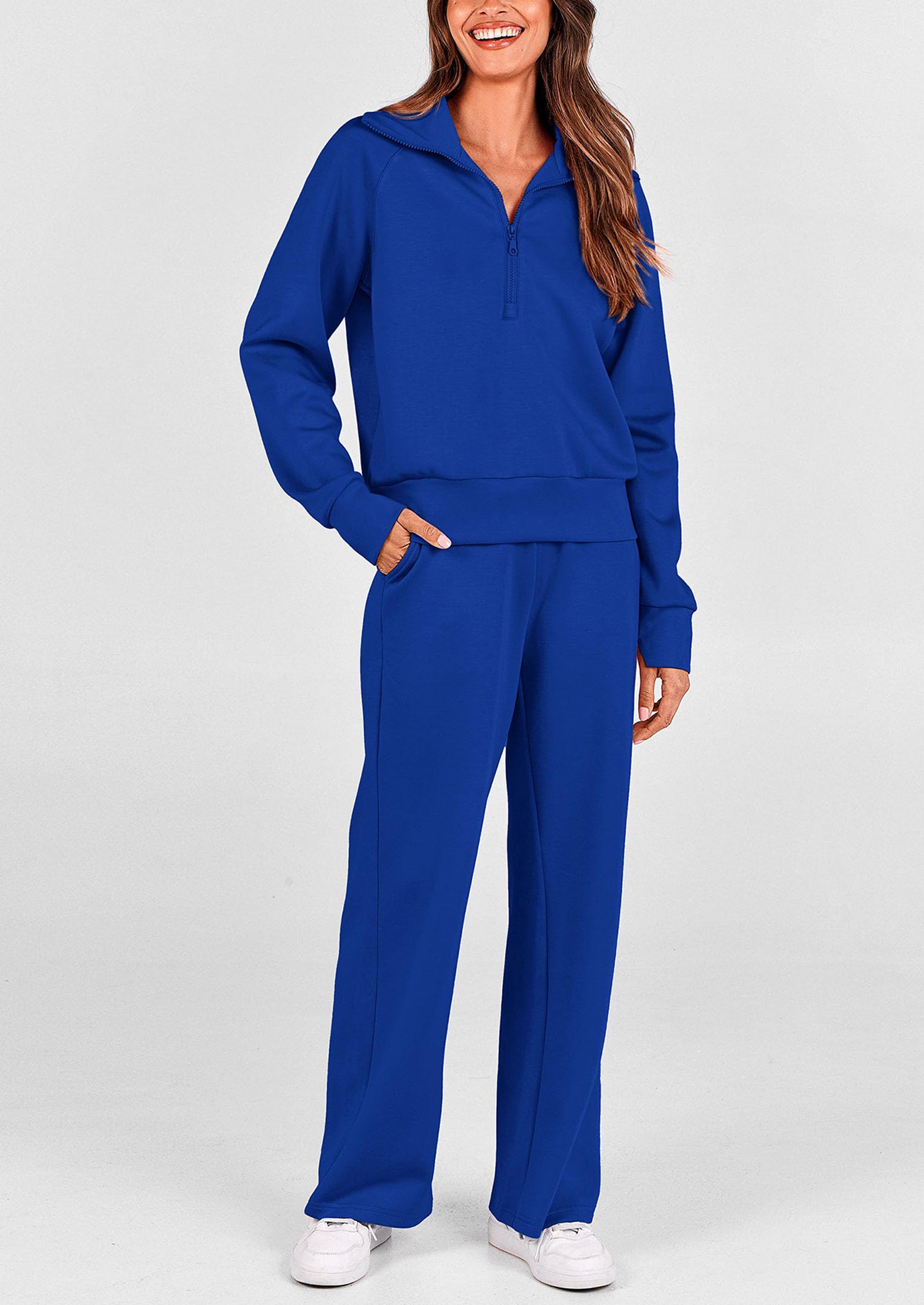 PRETTYGARDEN Women's 2 Piece Outfits Casual Lapel Half Zip Sweatshirts And Wide Leg Pants Tracksuit Sets