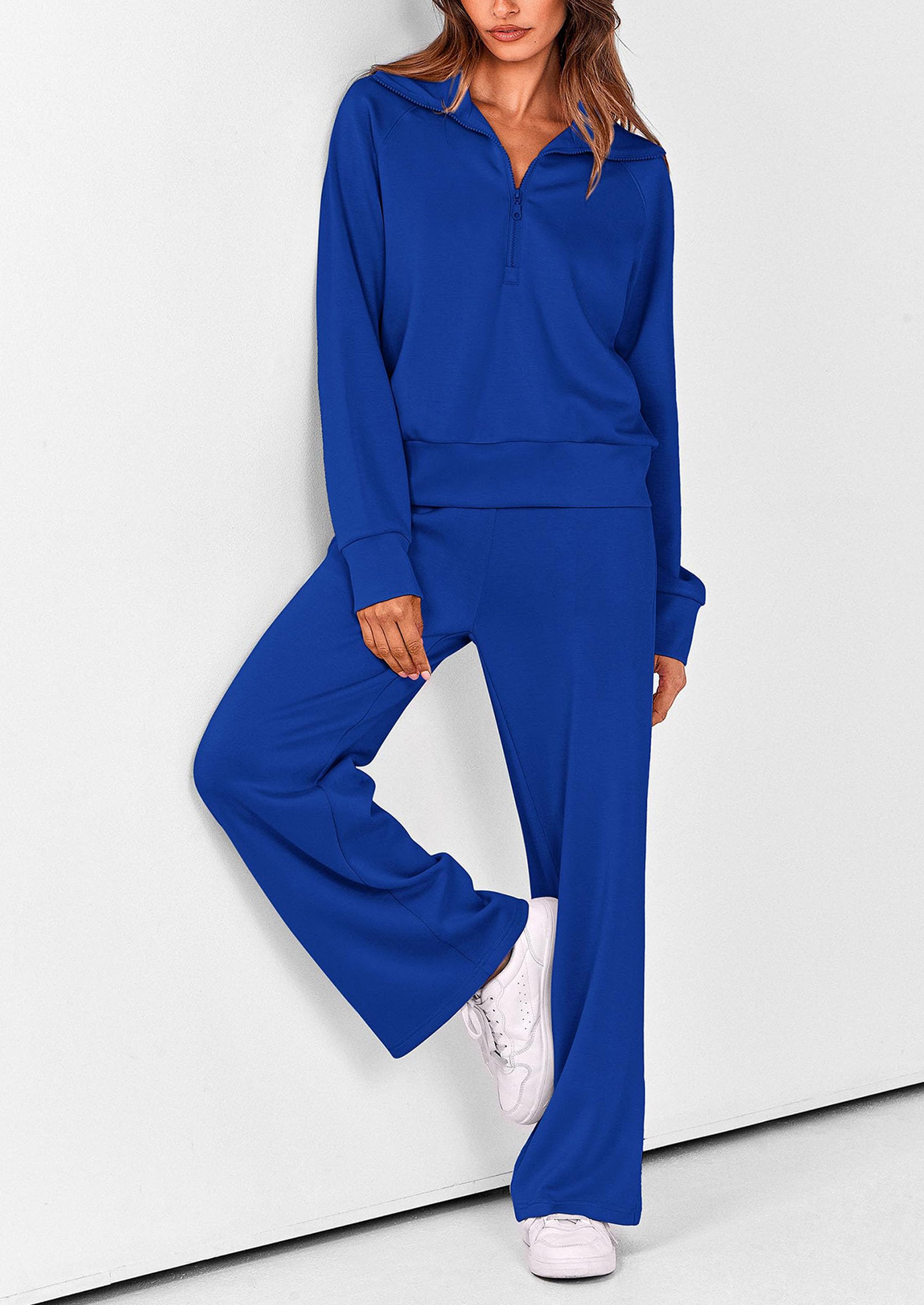 PRETTYGARDEN Women's 2 Piece Outfits Casual Lapel Half Zip Sweatshirts And Wide Leg Pants Tracksuit Sets