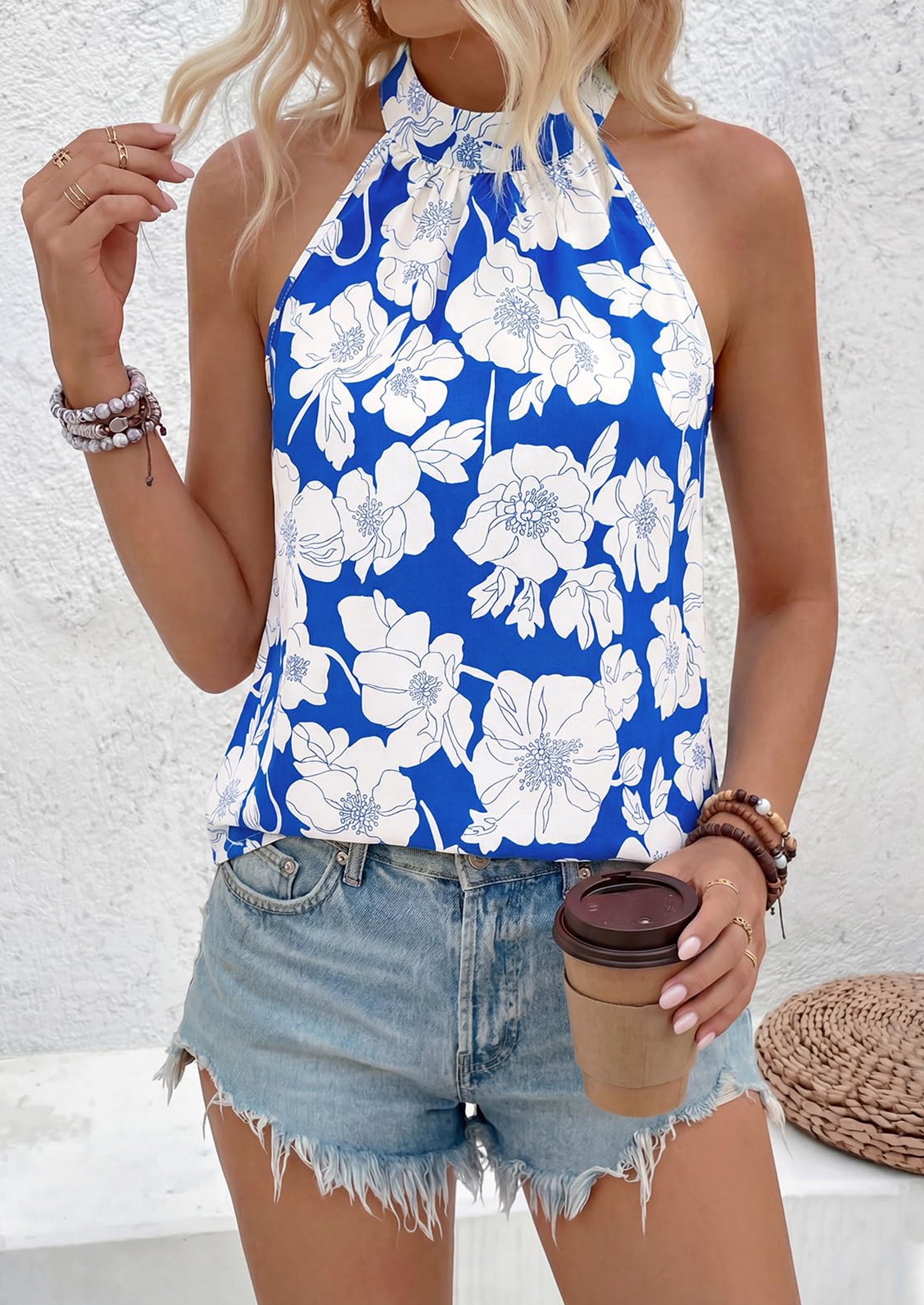 PRETTYGARDEN Halter Tops for Women Summer High Neck Boho Tank Top Sleeveless Beach Vacation Clothes Casual Blouse Shirts PRETTYGARDEN