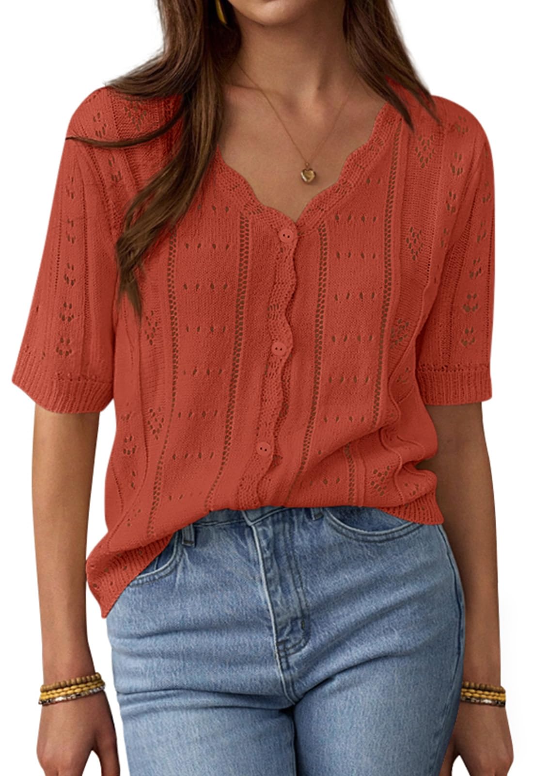 PRETTYGARDEN Womens Short Sleeve Crochet Knit Sweater Spring Fashion Button Down Lightweight Cardigans Summer Tops PRETTYGARDEN