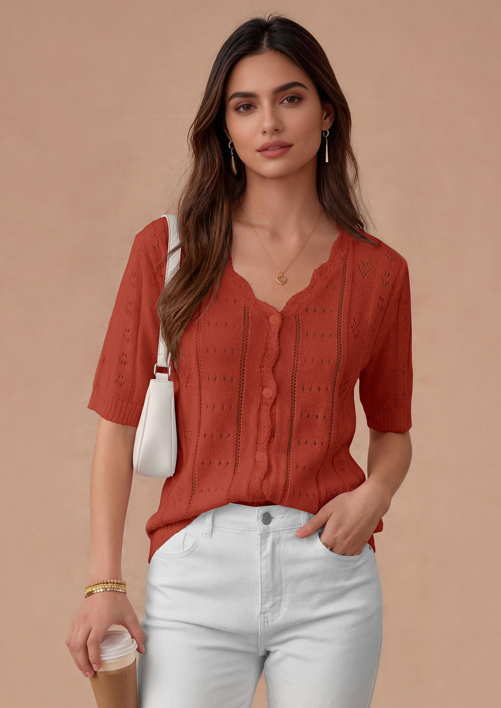 PRETTYGARDEN Womens Short Sleeve Crochet Knit Sweater Spring Fashion Button Down Lightweight Cardigans Summer Tops PRETTYGARDEN
