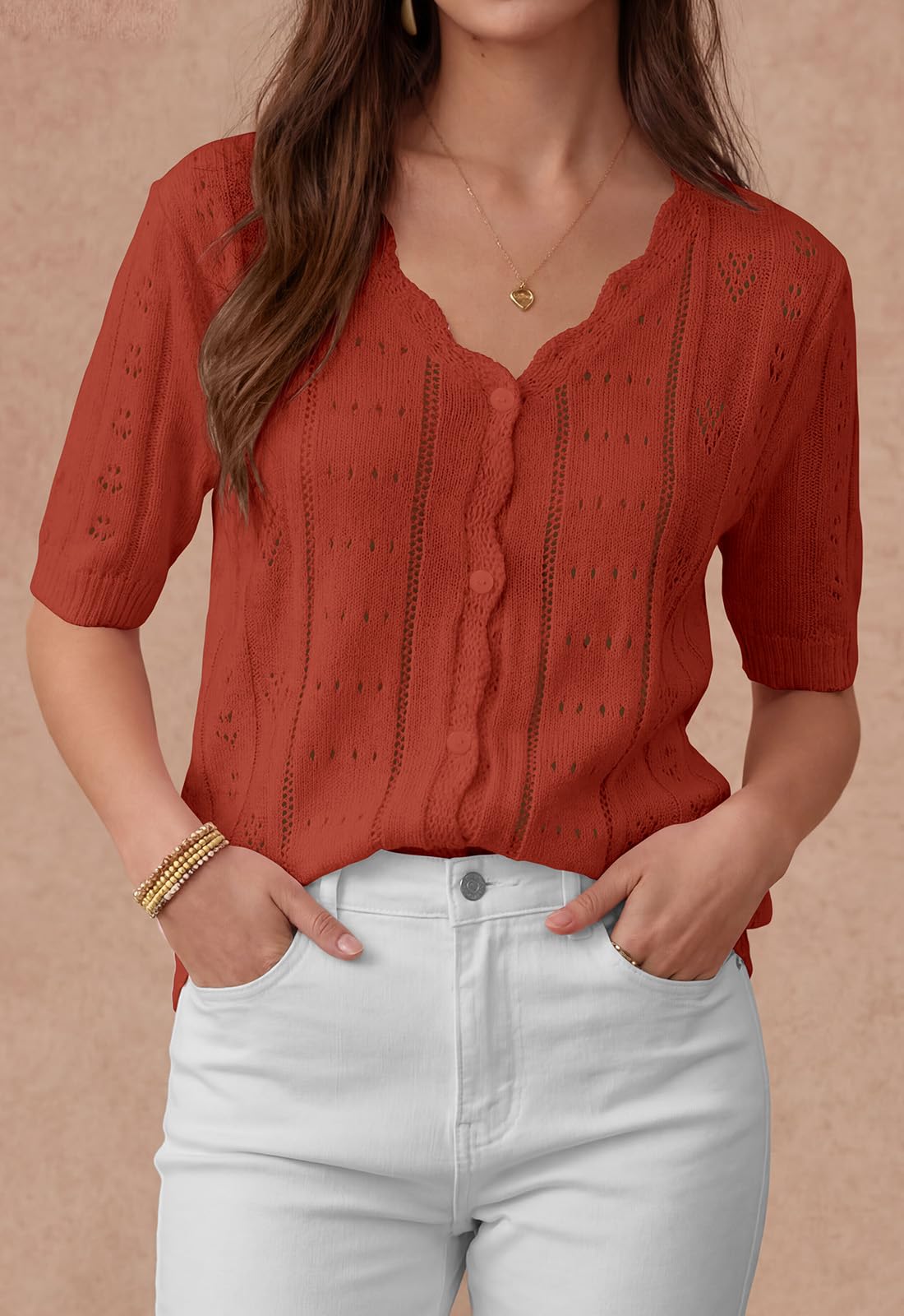 PRETTYGARDEN Womens Short Sleeve Crochet Knit Sweater Spring Fashion Button Down Lightweight Cardigans Summer Tops PRETTYGARDEN