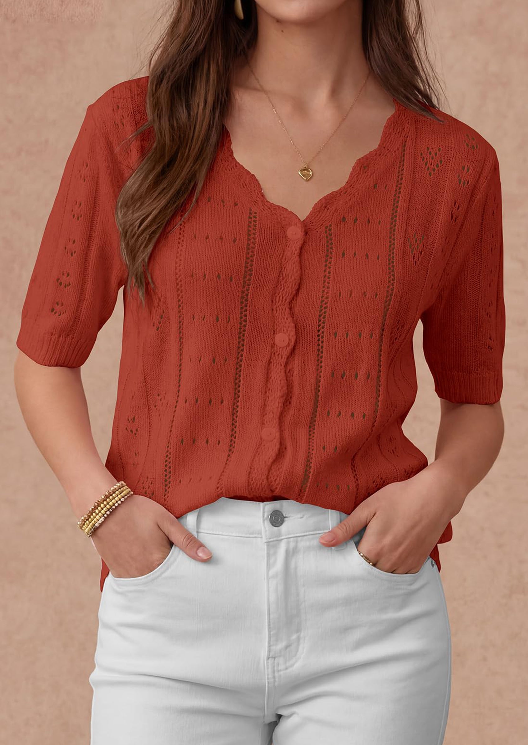 PRETTYGARDEN Womens Short Sleeve Crochet Knit Sweater Spring Fashion Button Down Lightweight Cardigans Summer Tops PRETTYGARDEN