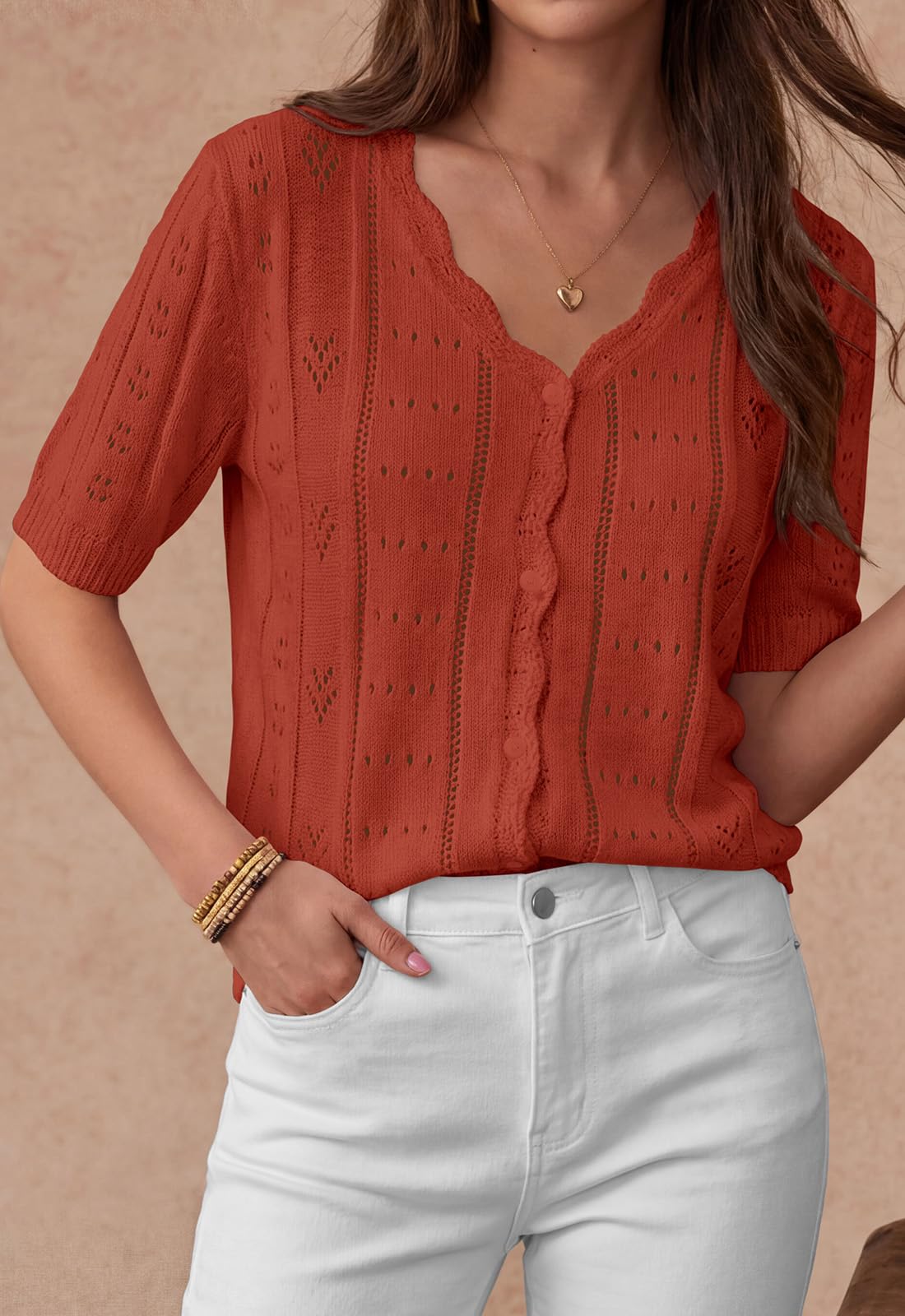 PRETTYGARDEN Womens Short Sleeve Crochet Knit Sweater Spring Fashion Button Down Lightweight Cardigans Summer Tops PRETTYGARDEN