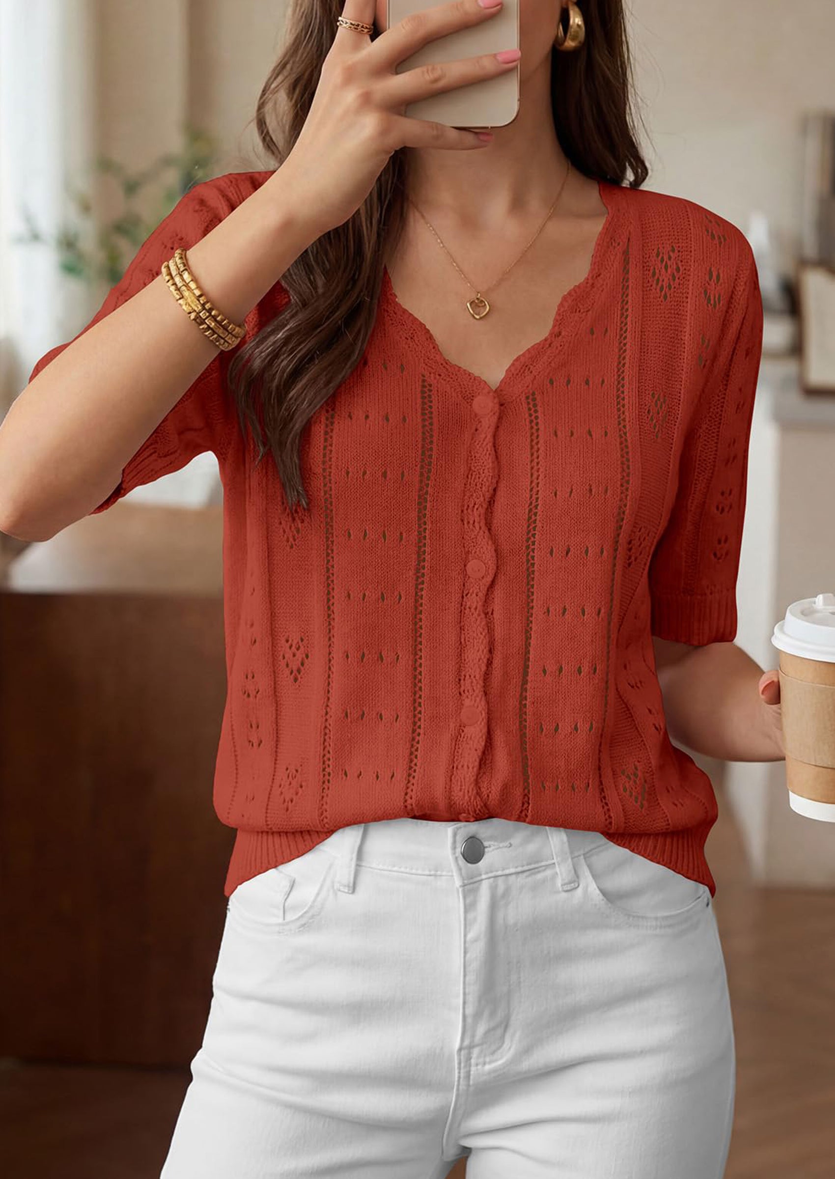 PRETTYGARDEN Womens Short Sleeve Crochet Knit Sweater Spring Fashion Button Down Lightweight Cardigans Summer Tops PRETTYGARDEN