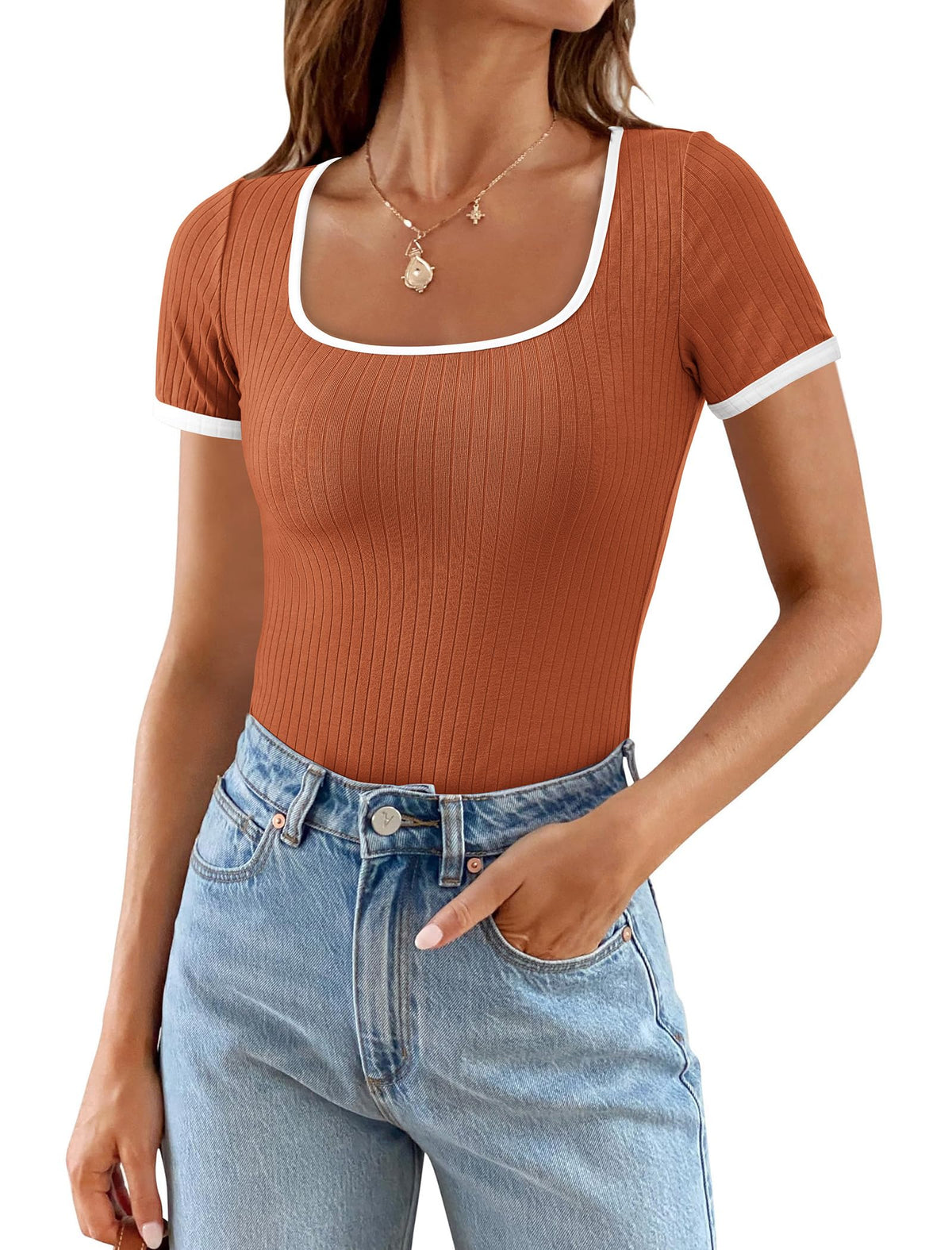 Summer Casual Short Sleeve Ribbed Knit Square Neck Color Block Slim Fit Basic Crop Tops