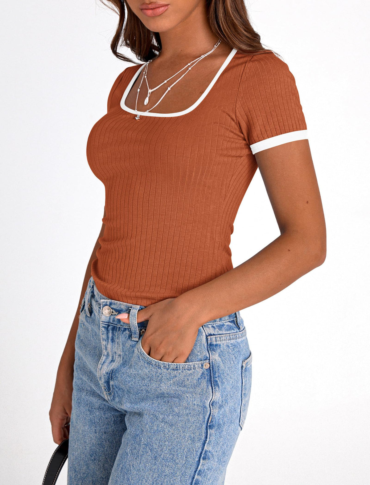 Summer Casual Short Sleeve Ribbed Knit Square Neck Color Block Slim Fit Basic Crop Tops