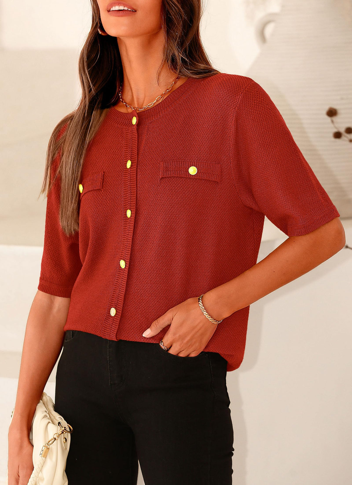 Summer Button Down Shirts Casual Short Sleeve Crew Neck Ribbed Knit Blouse Top Cardigans