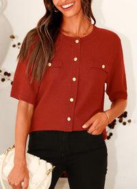 Summer Button Down Shirts Casual Short Sleeve Crew Neck Ribbed Knit Blouse Top Cardigans