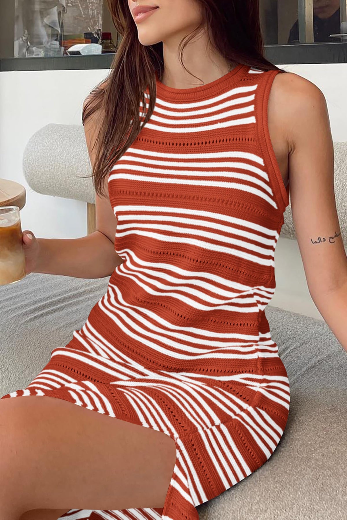 Knit Side Slit Striped Long Tank Dress