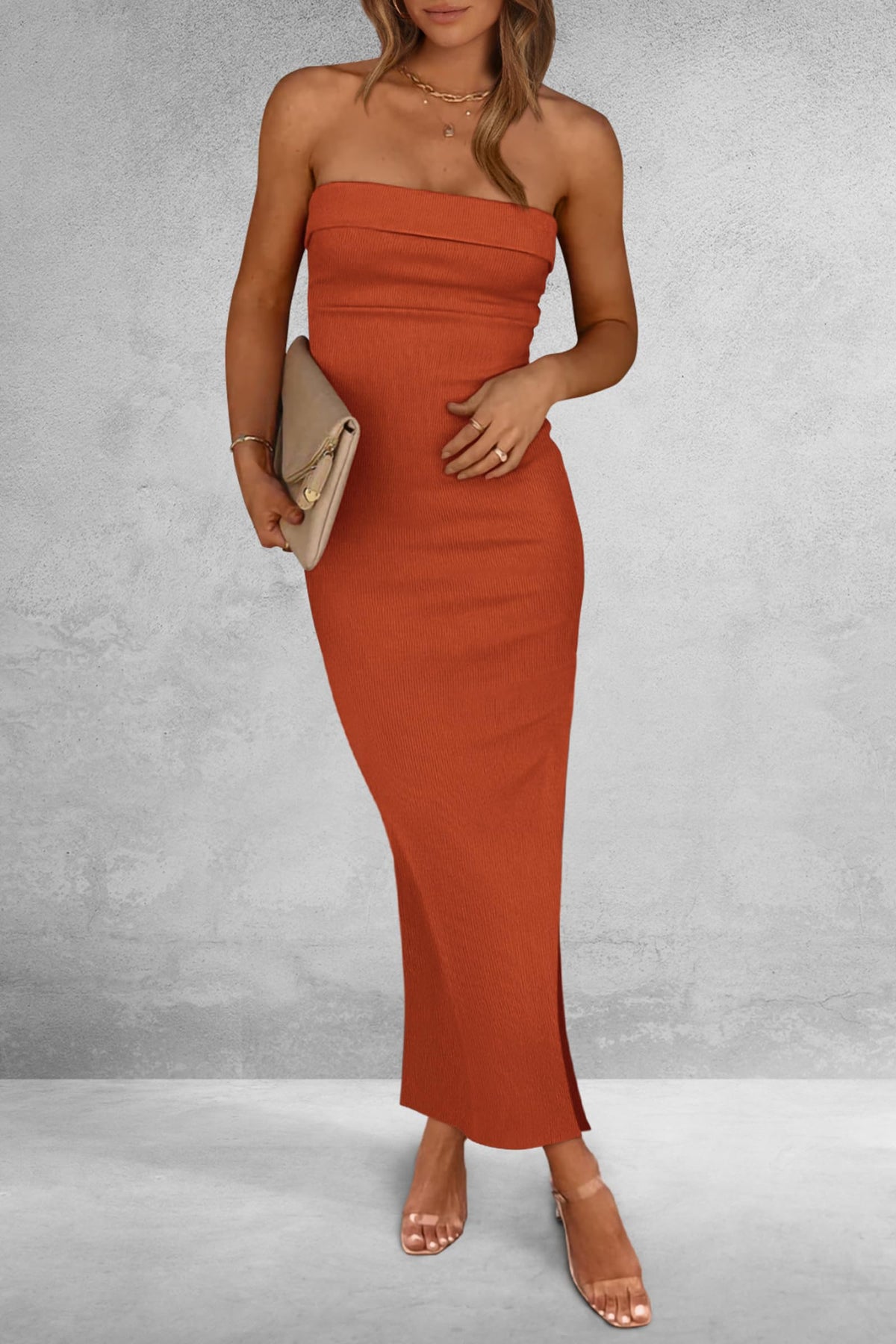 Ribbed Strapless Side Slit Long Going Out Casual Elegant Party Dresses