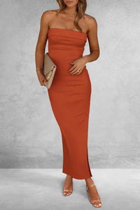 Ribbed Strapless Side Slit Long Going Out Casual Elegant Party Dresses