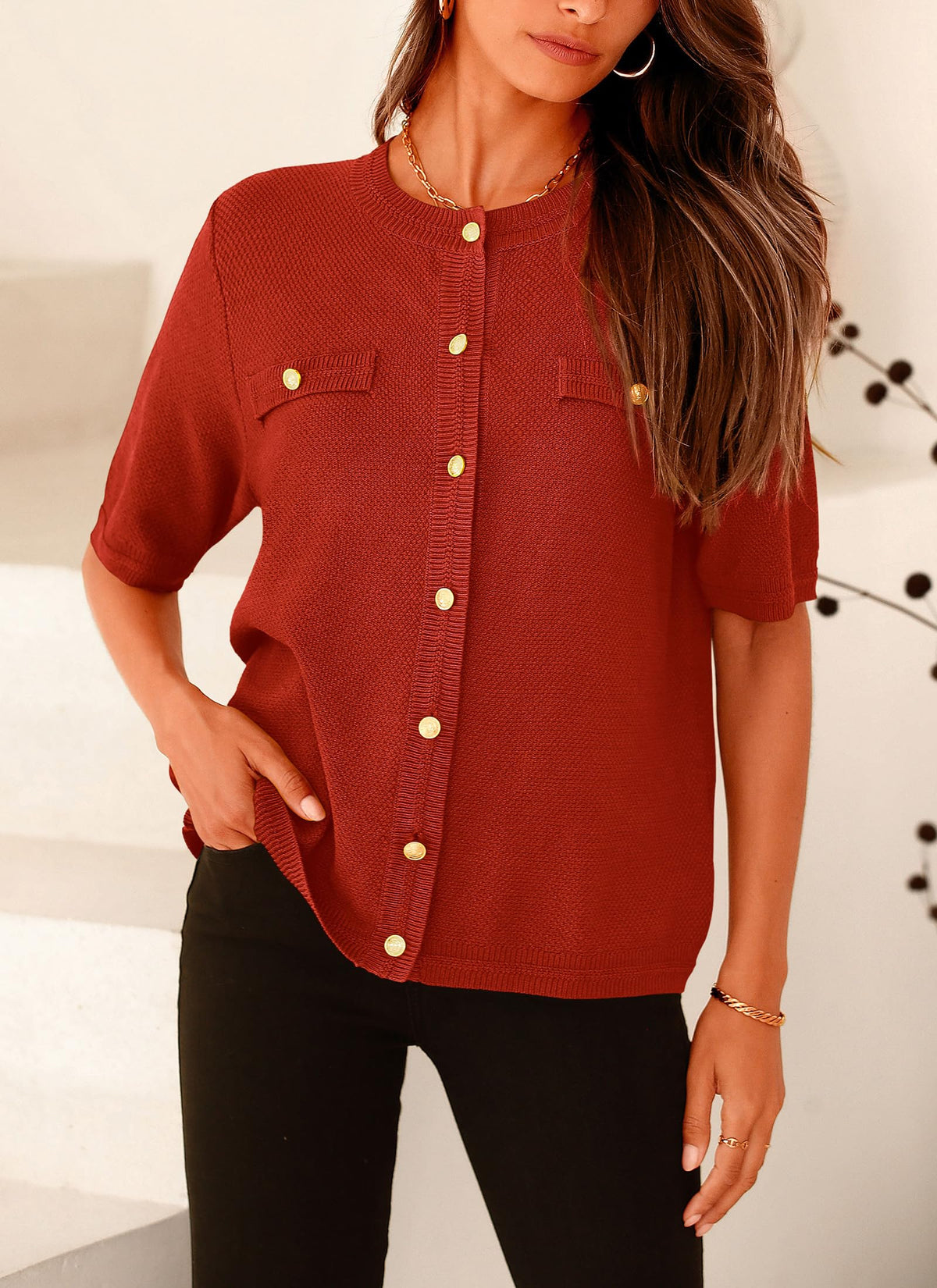 Button Down Casual Short Sleeve Crew Neck Ribbed Knit Shirts