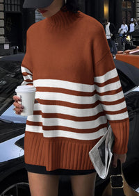 Women's Fall Striped Long Pullover Sweaters Turtleneck Long Sleeve Loose Fit Chunky Knit Casual Cute Tops Blouse