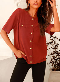 Button Down Casual Short Sleeve Crew Neck Ribbed Knit Shirts