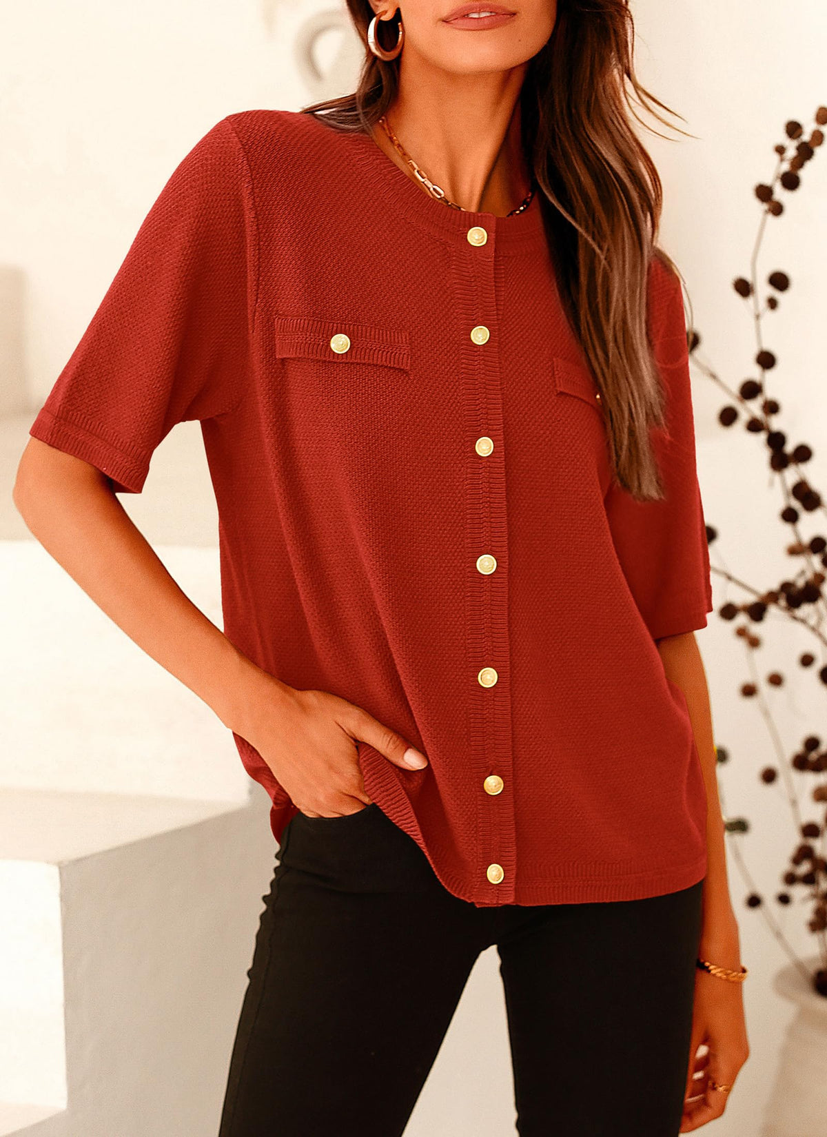 Button Down Casual Short Sleeve Crew Neck Ribbed Knit Shirts