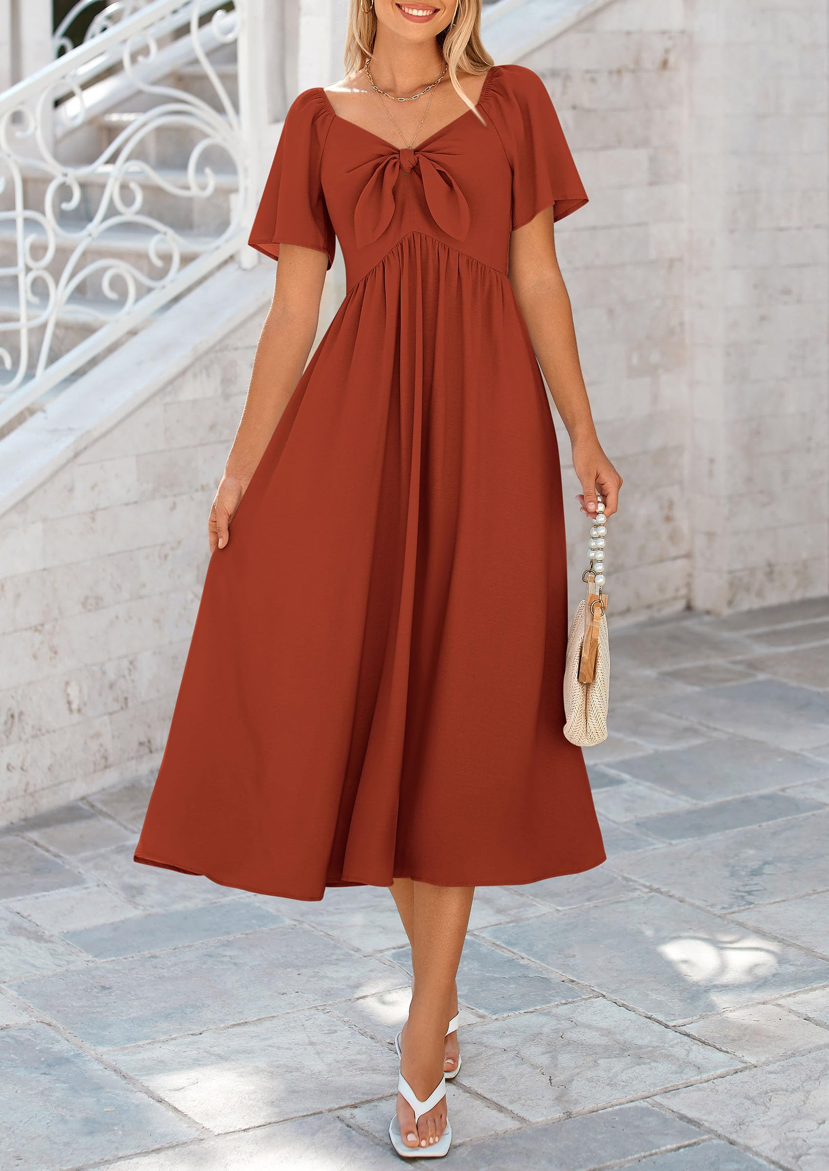 PRETTYGARDEN Summer Dress for Women Casual Short Sleeve Bow Tie V Neck Ruffle Midi Flowy Dresses