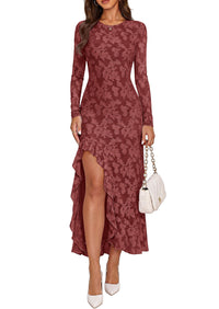 PRETTYGARDEN Women's Formal Maxi Floral Dresses with Slit  Long Sleeve Ruffle Hem, Elegant Outfit for Wedding Guest & Cocktail Party, Bodycon Crewneck Mesh Dresses, Fall Fashion 2026