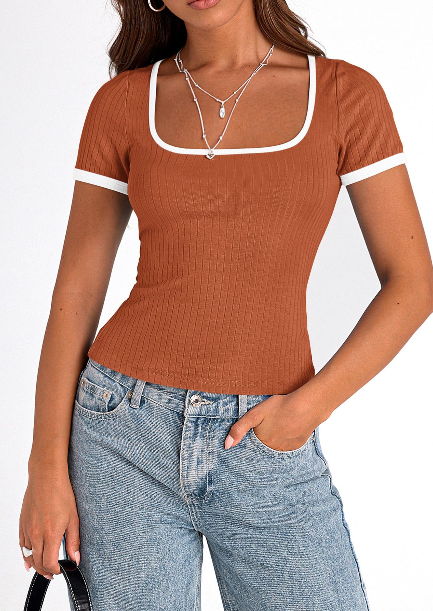 PRETTYGARDEN Women's Summer Short Sleeve T Shirts Ribbed Knit Square Neck Color Block Slim Fit Basic Casual Crop Tops Blouses