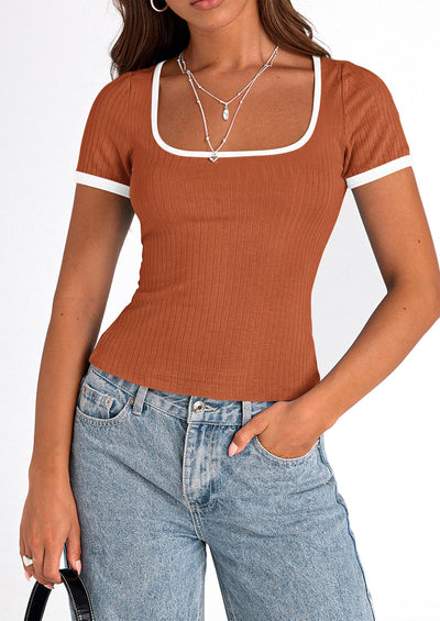 PRETTYGARDEN Women's Summer Short Sleeve T Shirts Ribbed Knit Square Neck Color Block Slim Fit Basic Casual Crop Tops Blouses