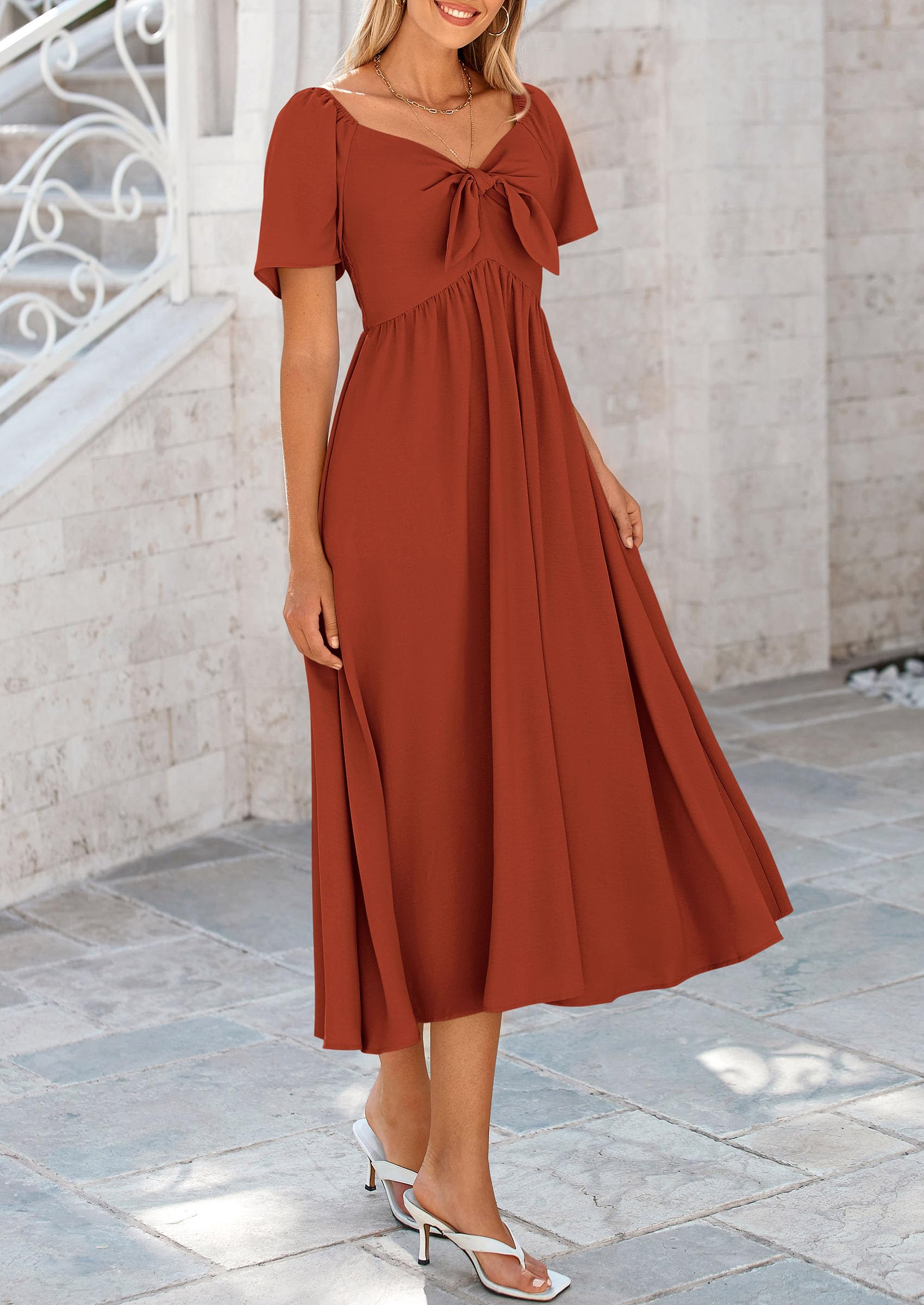 PRETTYGARDEN Summer Dress for Women Casual Short Sleeve Bow Tie V Neck Ruffle Midi Flowy Dresses