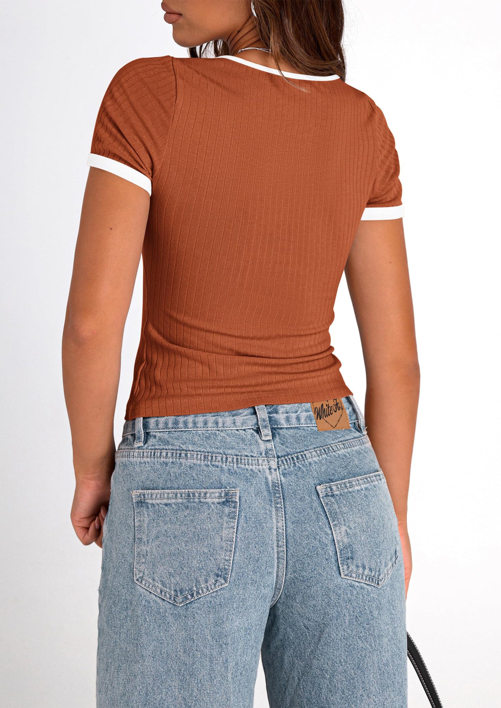 PRETTYGARDEN Women's Summer Short Sleeve T Shirts Ribbed Knit Square Neck Color Block Slim Fit Basic Casual Crop Tops Blouses