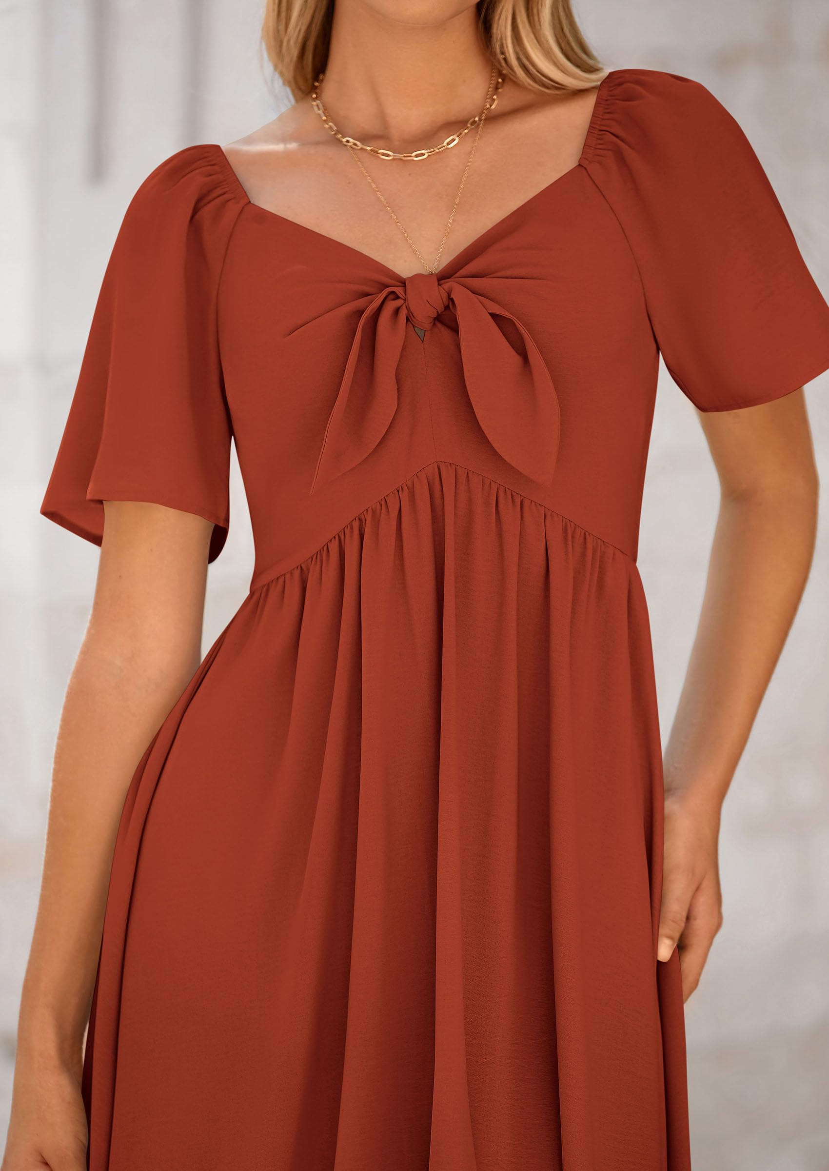 PRETTYGARDEN Summer Dress for Women Casual Short Sleeve Bow Tie V Neck Ruffle Midi Flowy Dresses