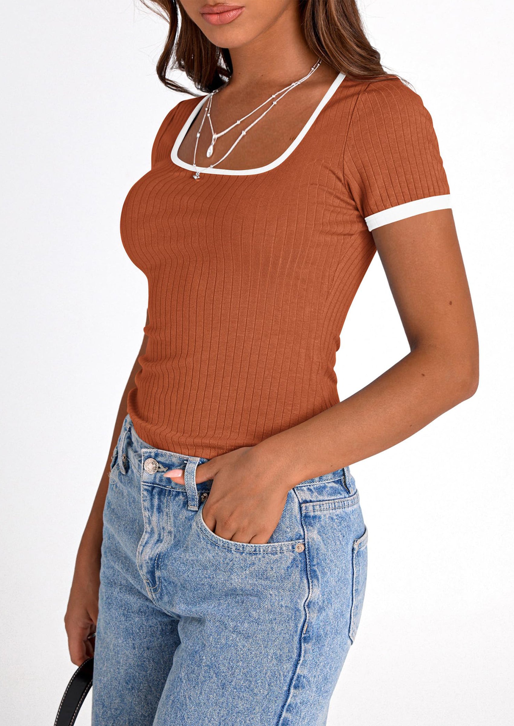 PRETTYGARDEN Women's Summer Short Sleeve T Shirts Ribbed Knit Square Neck Color Block Slim Fit Basic Casual Crop Tops Blouses