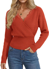 PRETTYGARDEN Women's Fall Fashion Long Sleeve Lace V Neck Cropped Sweaters