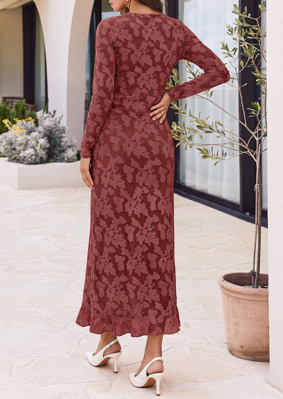 PRETTYGARDEN Women's Formal Maxi Floral Dresses with Slit  Long Sleeve Ruffle Hem, Elegant Outfit for Wedding Guest & Cocktail Party, Bodycon Crewneck Mesh Dresses, Fall Fashion 2026