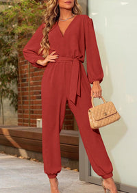 PRETTYGARDEN Women's Fall Jumpsuits Dressy Casual Pants Romper Spring Long Sleeve V Neck Belt Pockets One Piece Outfits