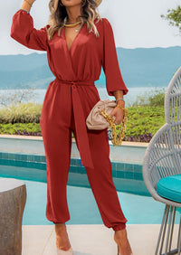 PRETTYGARDEN Women's Fall Jumpsuits Dressy Casual Pants Romper Spring Long Sleeve V Neck Belt Pockets One Piece Outfits