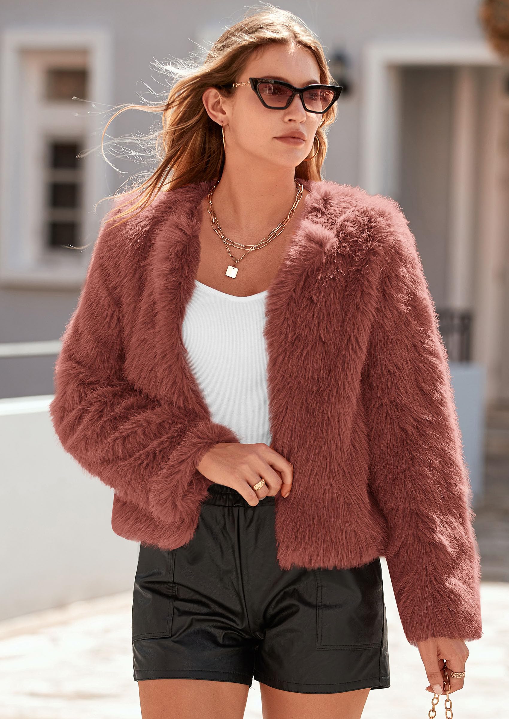 PRETTYGARDEN Women's Winter Coats Fleece Cropped Jacket Faux Fur Long Sleeve Pockets Shaggy Warm Outerwear Fall Clothes