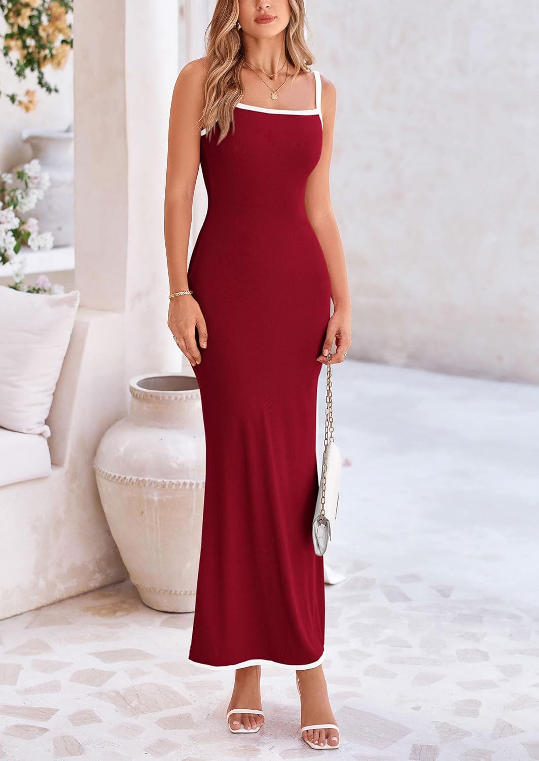 Women's Bodycon Spaghetti Strap Maxi Dresses 2025 Summer Resort Wear Sleeveless Long Beach Dress