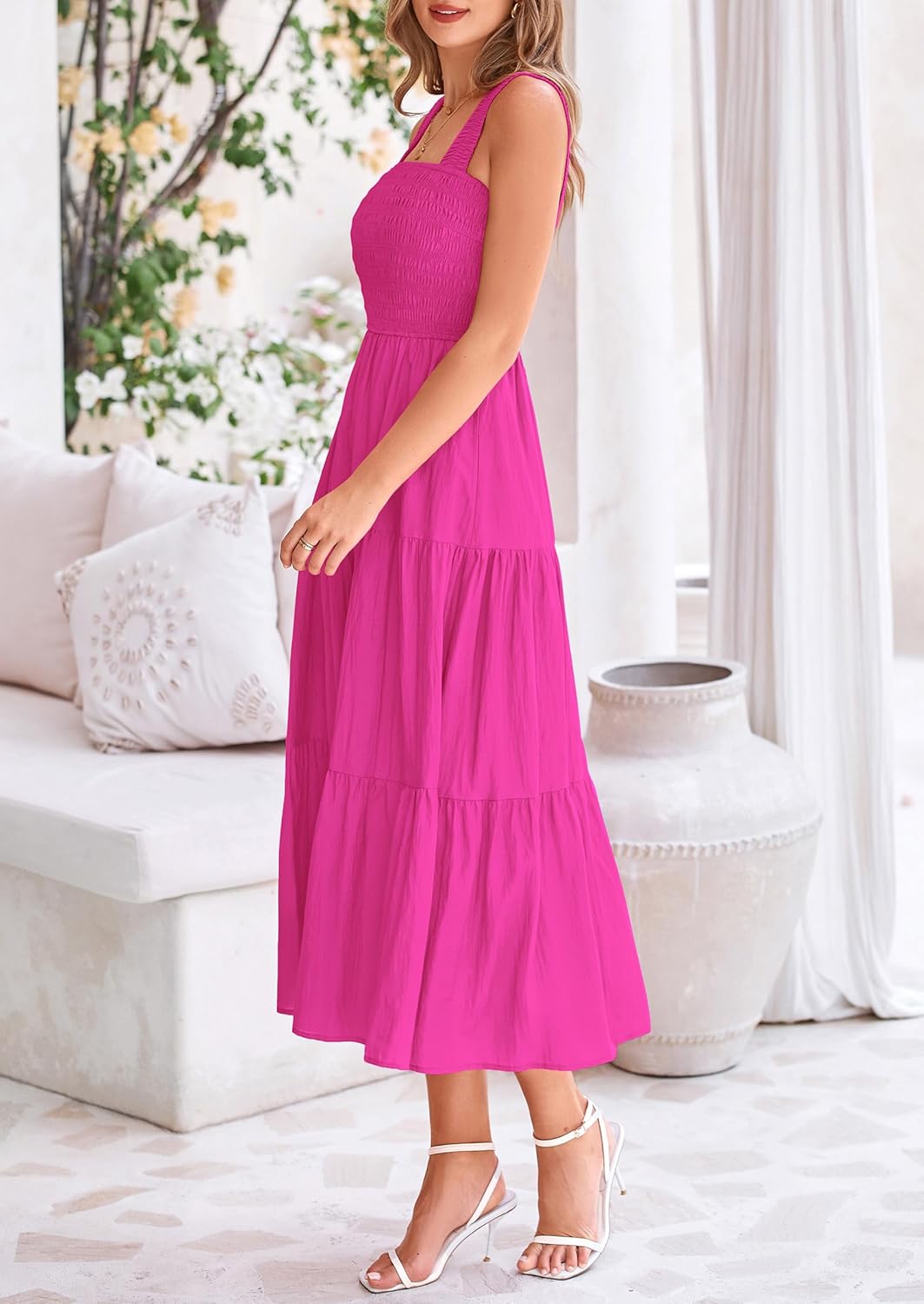 Womens Smocked Summer  Ruffle A Line Long Flowy Dresses Cute Sleeveless Beach Sundress Midi Dress