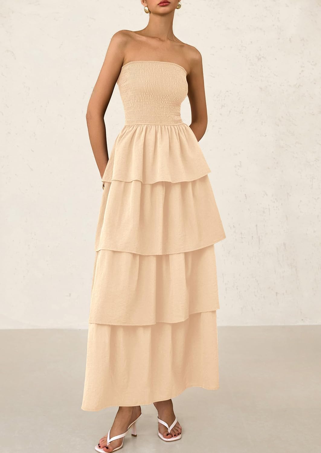 PRETTYGARDEN Maxi Dresses for Women Off Shoulder Smocked Tiered Ruffle Long Flowy Wedding Guest Dress