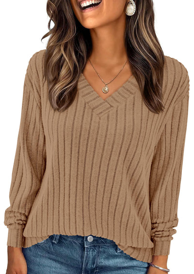 PRETTYGARDEN Fall Fashion Long Sleeve Shirts for Women Ribbed Knit V Neck Dressy Casual Lightweight Sweaters Tunic Tops