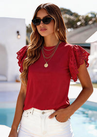 PRETTYGARDEN Womens Tops Dressy Casual Hollow Out Short Sleeve Summer Basic Tees Crewneck T Shirts Trendy Work Blouse PRETTYGARDEN